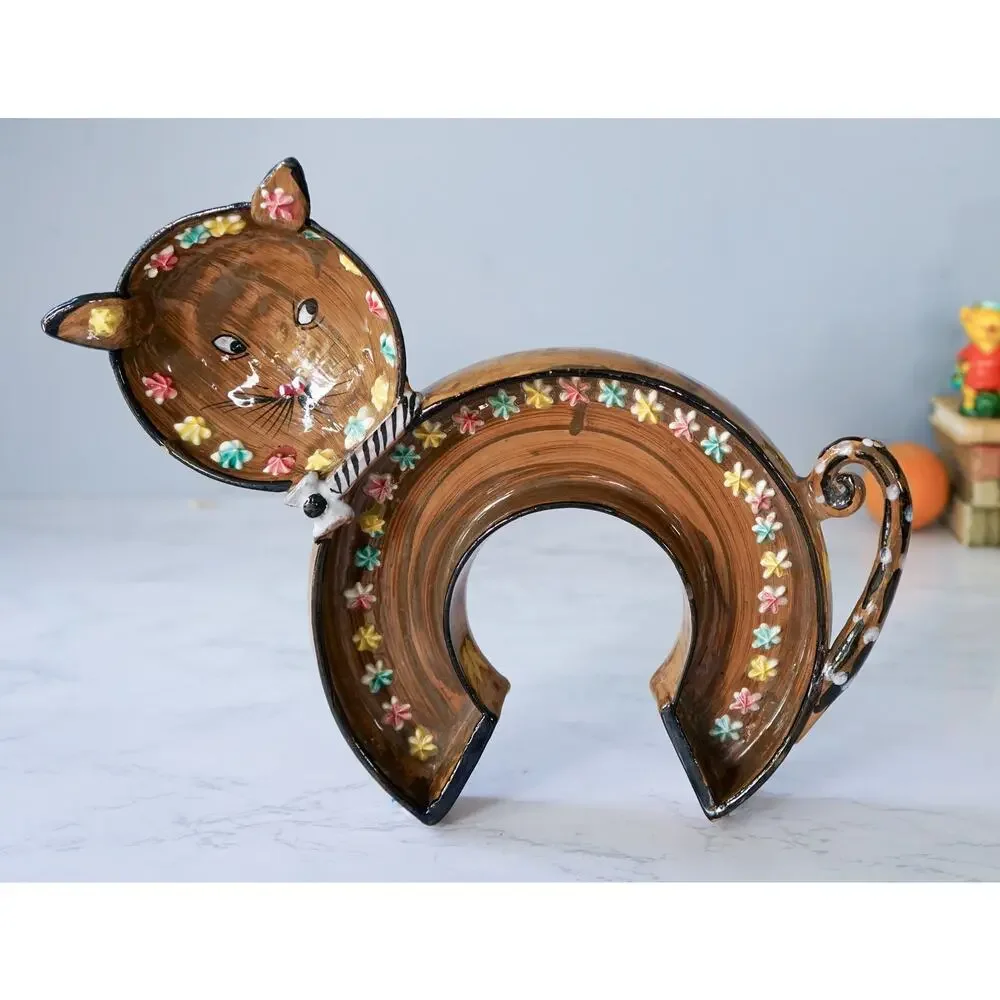 VTG 60s Elbee Italy Ceramic Cat Kitten Flower Tray Bowl Atomic Cottagecore